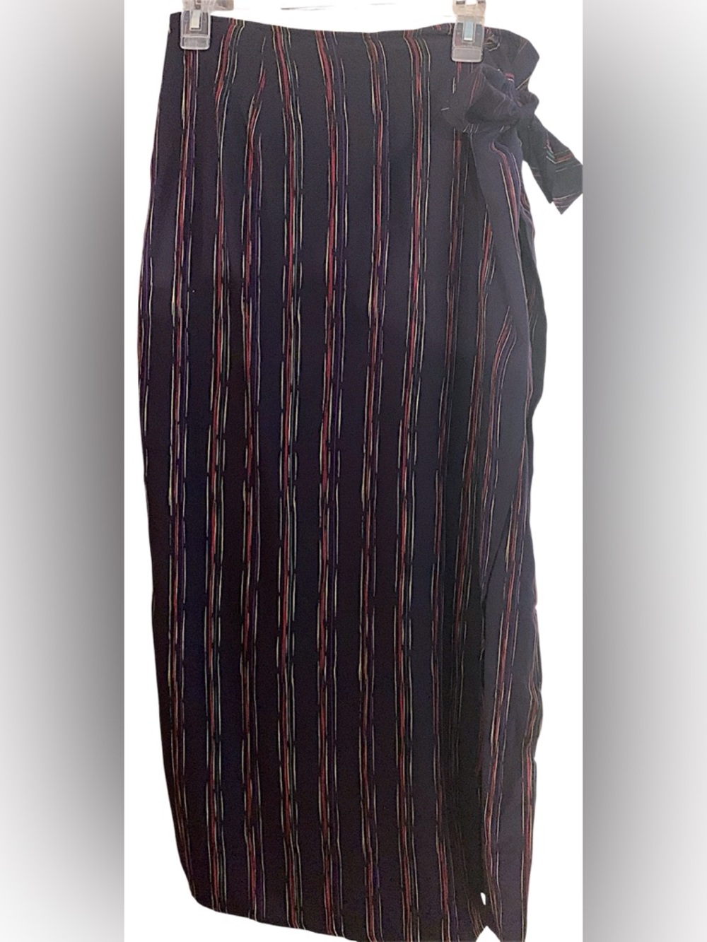 Sleek Navy Silk Skirt with Multicolor Pinstripes 37” L, Sz 14